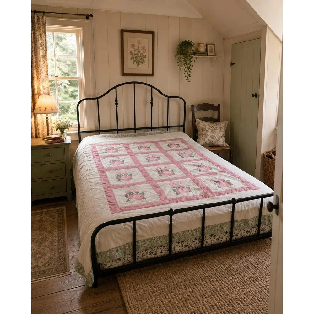 Vintage Handmade Rose Appliqué Quilt – 86